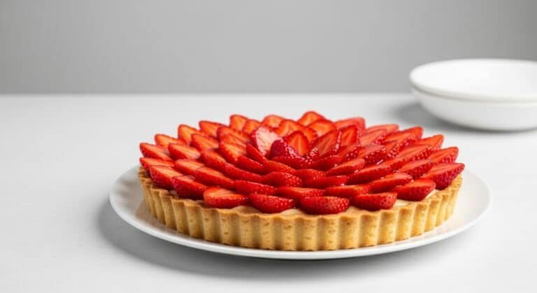 Gelatin Powder In Desserts strawberry tart topped with neatly layered sliced strawberries on a white plate