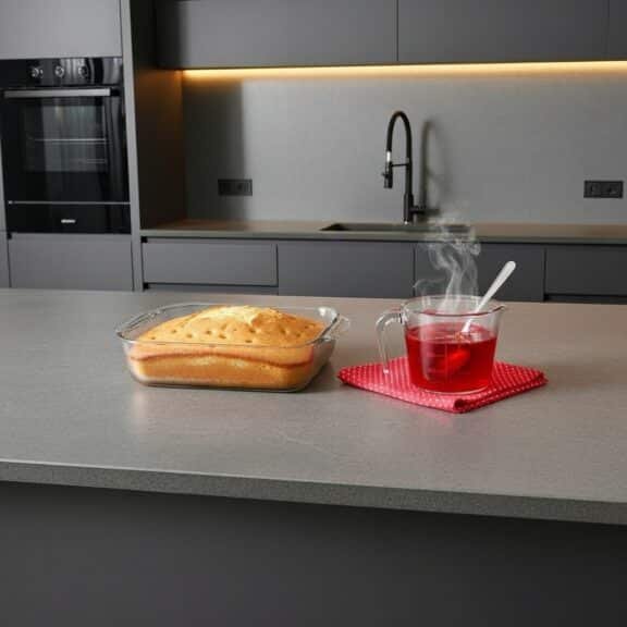 Ingredients of Jello Poke Cake Baked sheet cake with measuring cup of red gelatin mixture