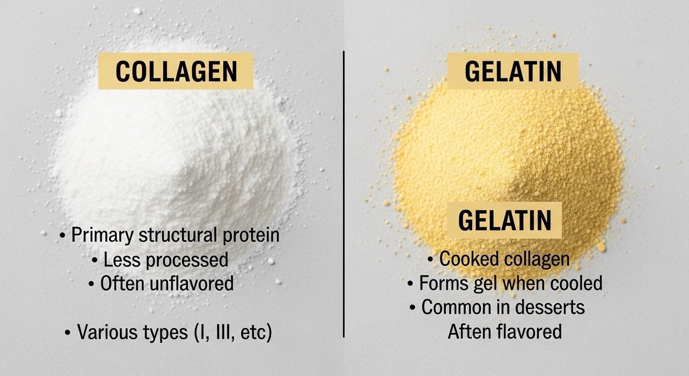 Collagen Vs Gelatin powder comparison with white collagen powder and yellow gelatin powder