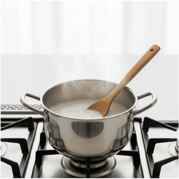 Agar Pudding Recipe Cooking Close-Up Stainless steel saucepan with gently steaming milk being stirred with a wooden spoon on a gas stove, preparing a milk base for a gelatin dessert.