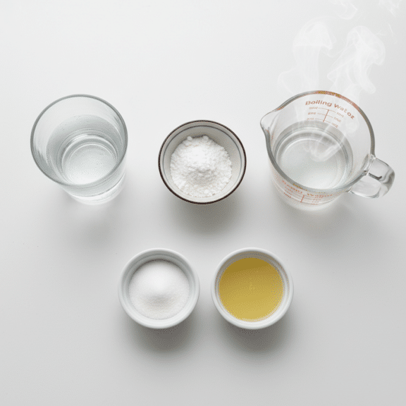 Gelatin recipe ingredients including water sugar lemon juice and gelatin powder arranged on white surface