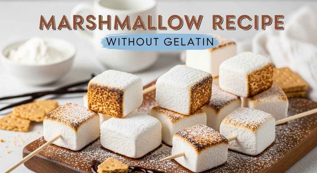 Marshmallow Recipe Without Gelatin showing toasted vegan marshmallows on skewers arranged on a wooden board