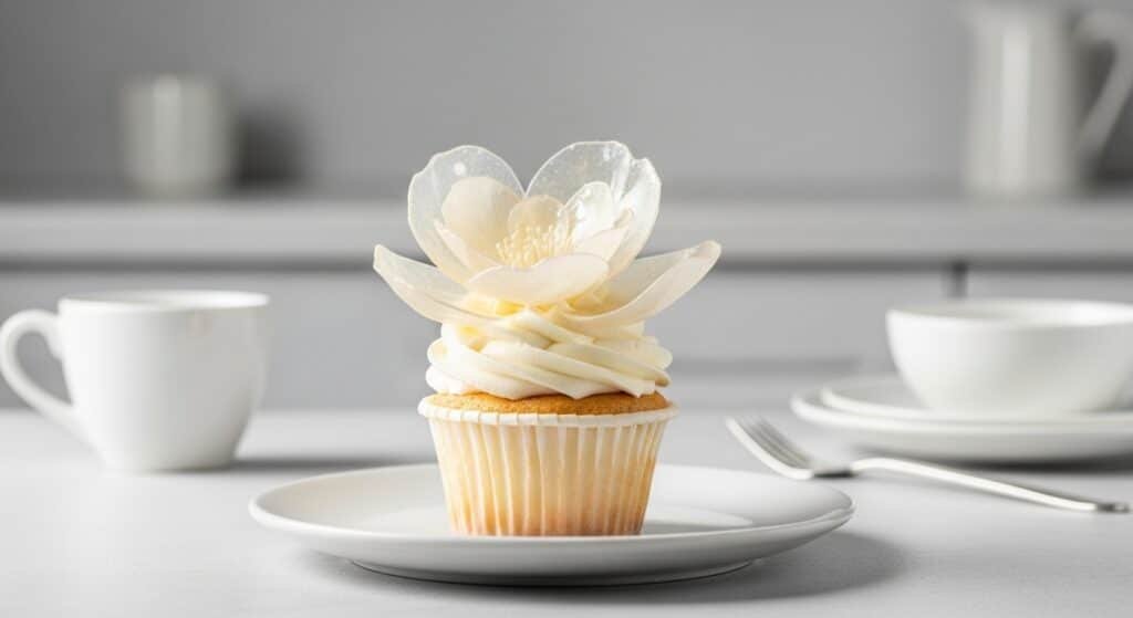 Gelatin Sequins shaped into a delicate translucent white flower placed on a frosted cupcake served on a plate