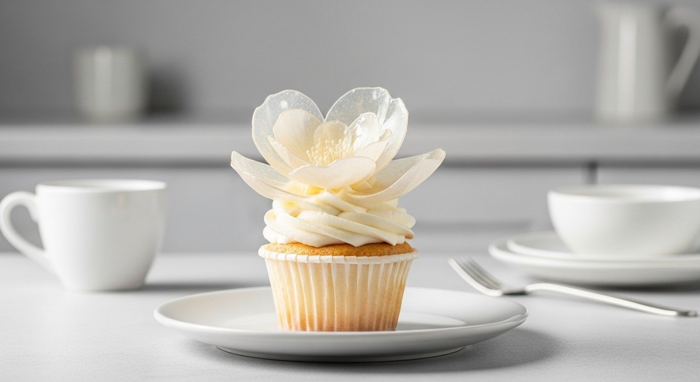 Gelatin Sequins shaped into a delicate translucent white flower placed on a frosted cupcake served on a plate