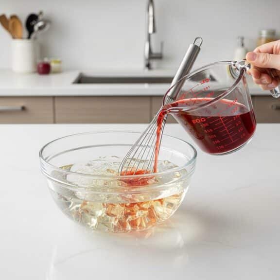 Creative Jello Desserts in preparation stage showing gelatin cubes in a glass bowl as red fruit syrup is poured and whisked into the mixture in a modern kitchen