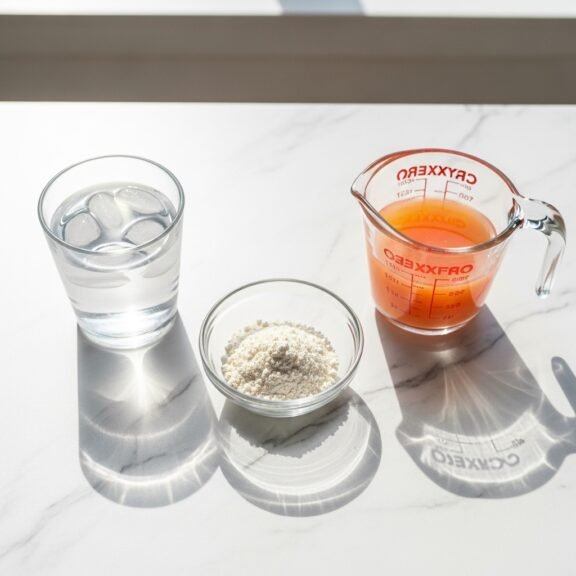 Creative Jello Desserts ingredient setup including water, gelatin powder, and fruit juice measured on a marble countertop under bright natural light