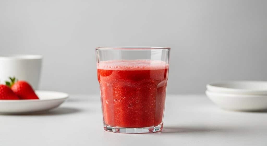Overview Strawberry Gelatin Gummy Recipe Serving Information Strawberry Gelatin Gummy Recipe strawberry liquid mixture poured into a glass, showing smooth red consistency