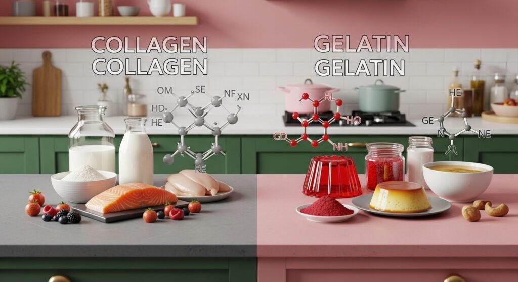 Collagen Vs Gelatin comparison showing collagen rich foods and gelatin based desserts