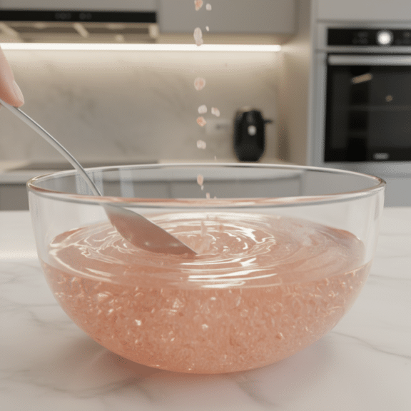 Gelatin granules being stirred into a pink liquid mixture in a clear glass bowl on a marble countertop
