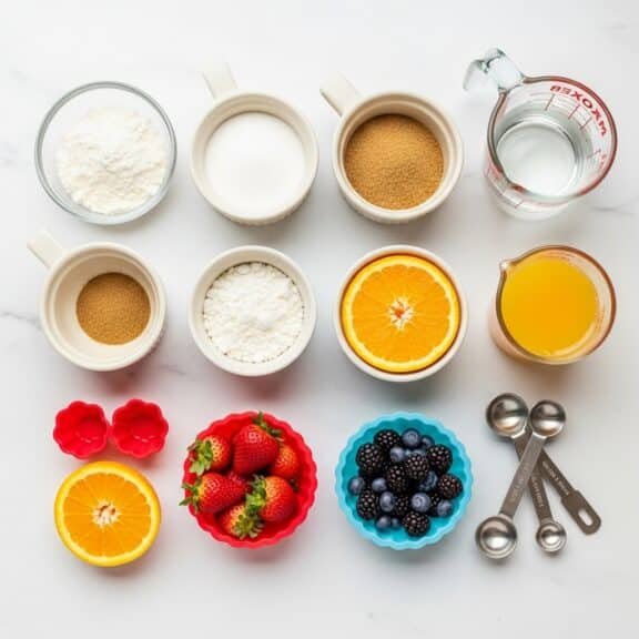 Top-down view of gelatin dessert ingredients including powdered gelatin, sugar, fruit, juice, water, and measuring tools arranged on a marble surface.