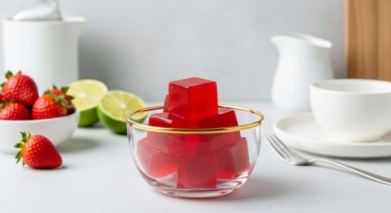 Strawberry Gelatin Gummy Recipe finished red gelatin gummies cut into cubes and presented in a glass bowl