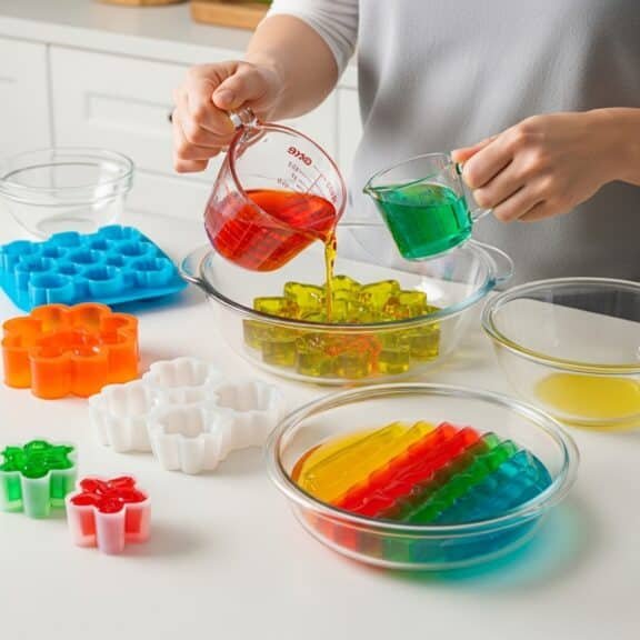 Hands pouring red and green liquid gelatin into a bowl of molded gelatin shapes, surrounded by colorful silicone molds and layered gelatin desserts on a kitchen counter.