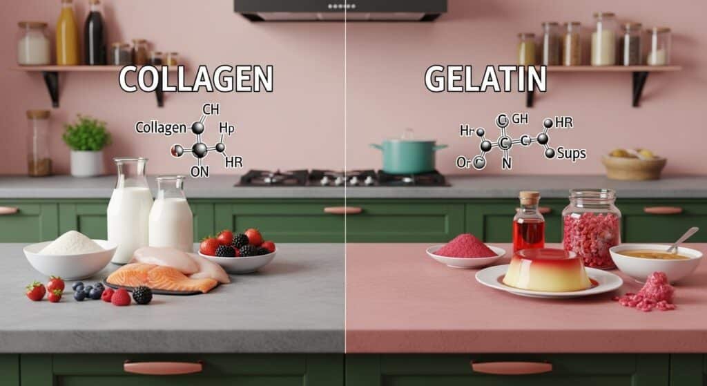 Collagen Vs Gelatin ingredients and desserts displayed side by side on a kitchen counter