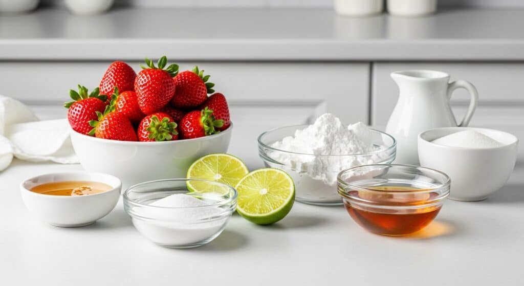 Ingredients of Strawberry Gelatin Gummy Recipe Strawberry Gelatin Gummy Recipe ingredients including fresh strawberries, gelatin powder, lime, sweeteners, and liquid components arranged on a kitchen counter