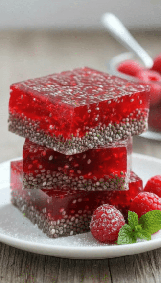 raspberry chia seed jello squares featured image