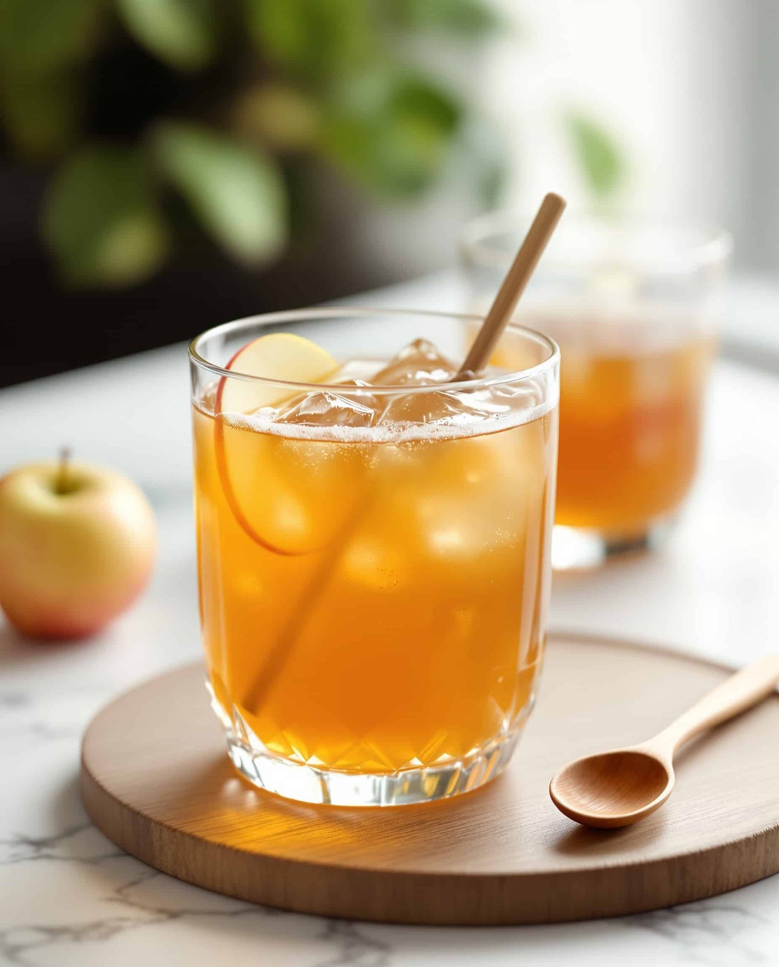 Close-up of ambre-doré ACV apple juice drink.