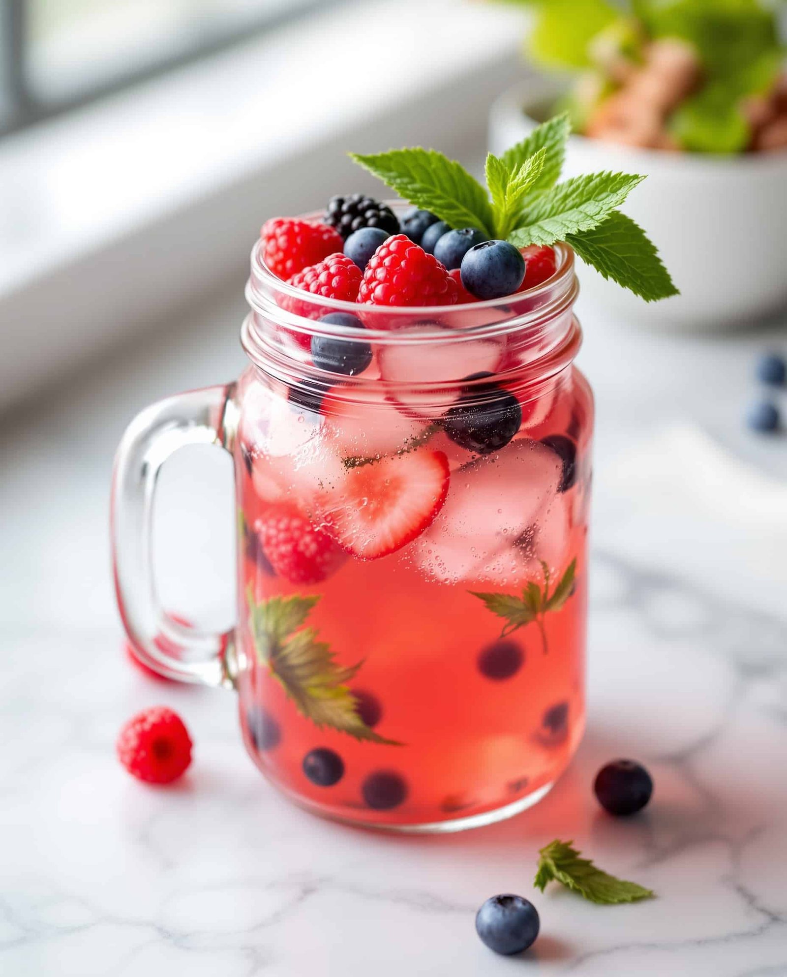 Close-up of a rouge-rose ACV shrub mocktail in a mason jar.