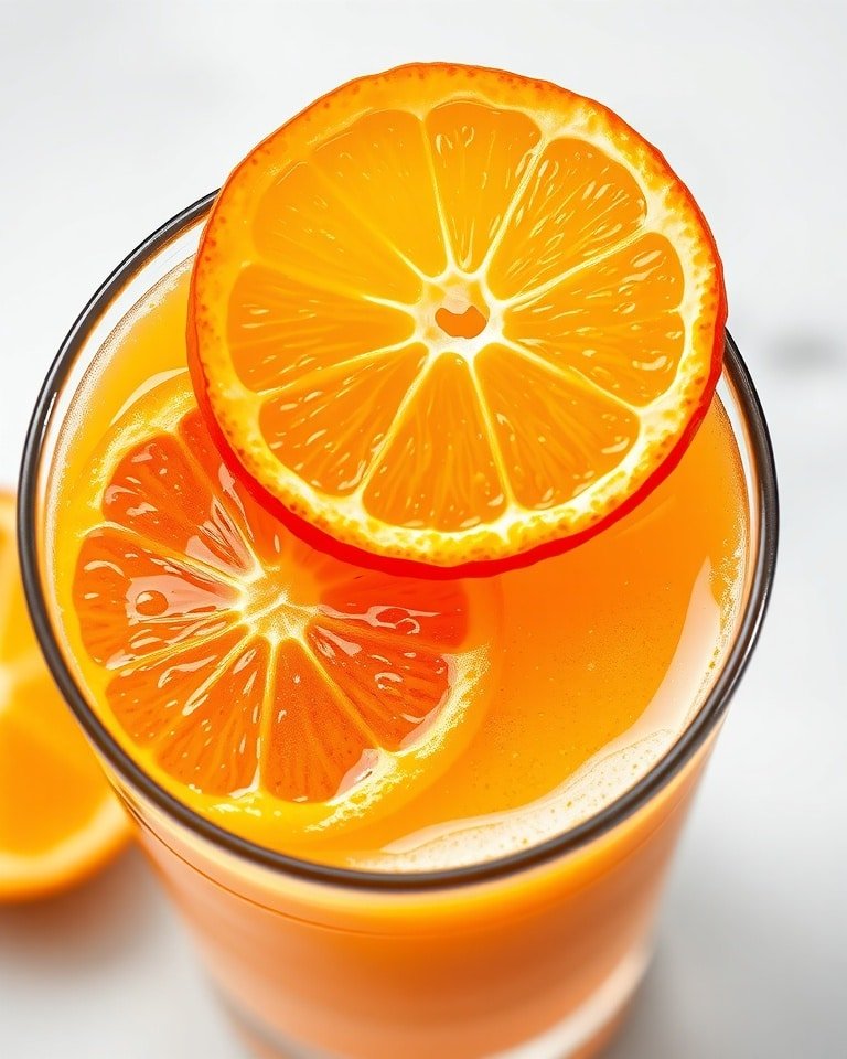 Close-up of orange adrenal cocktail with lemon and orange slices.