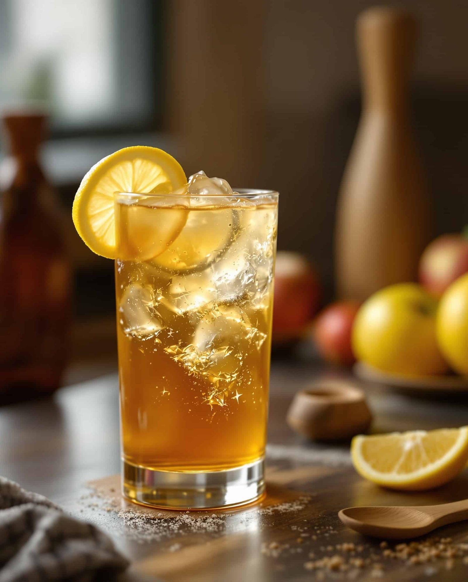 Close-up of ambre-doré apple cider drink recipe with lemon and wooden spoon.