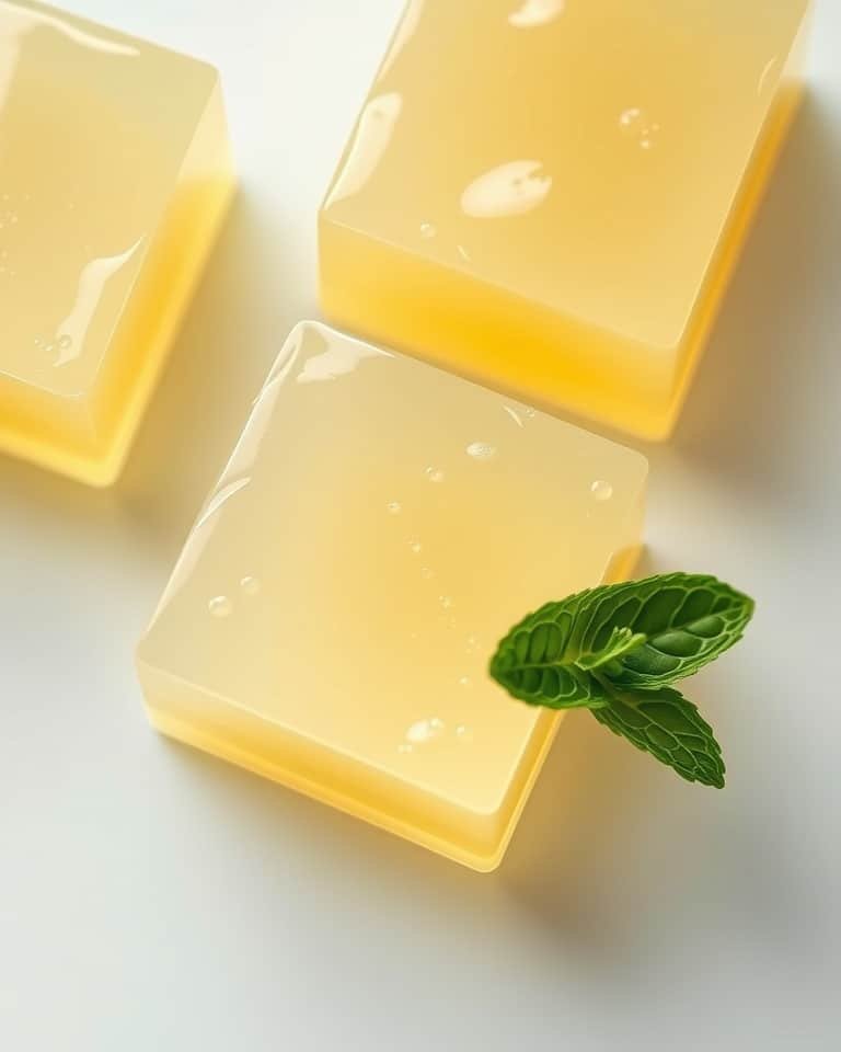 Close-up of translucent pale yellow apple cider vinegar jelly cubes.