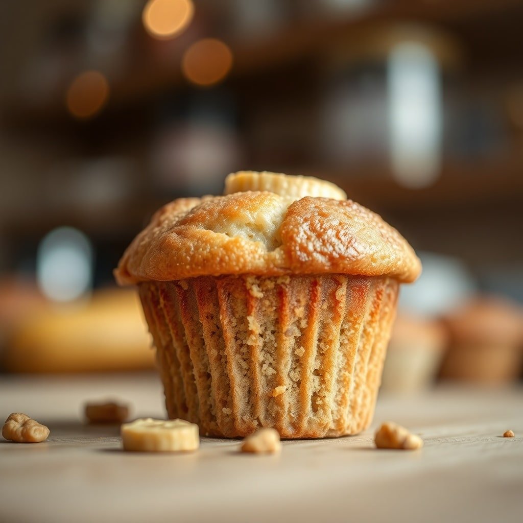 Close-up of a moist, golden Banana Bread Muffin.