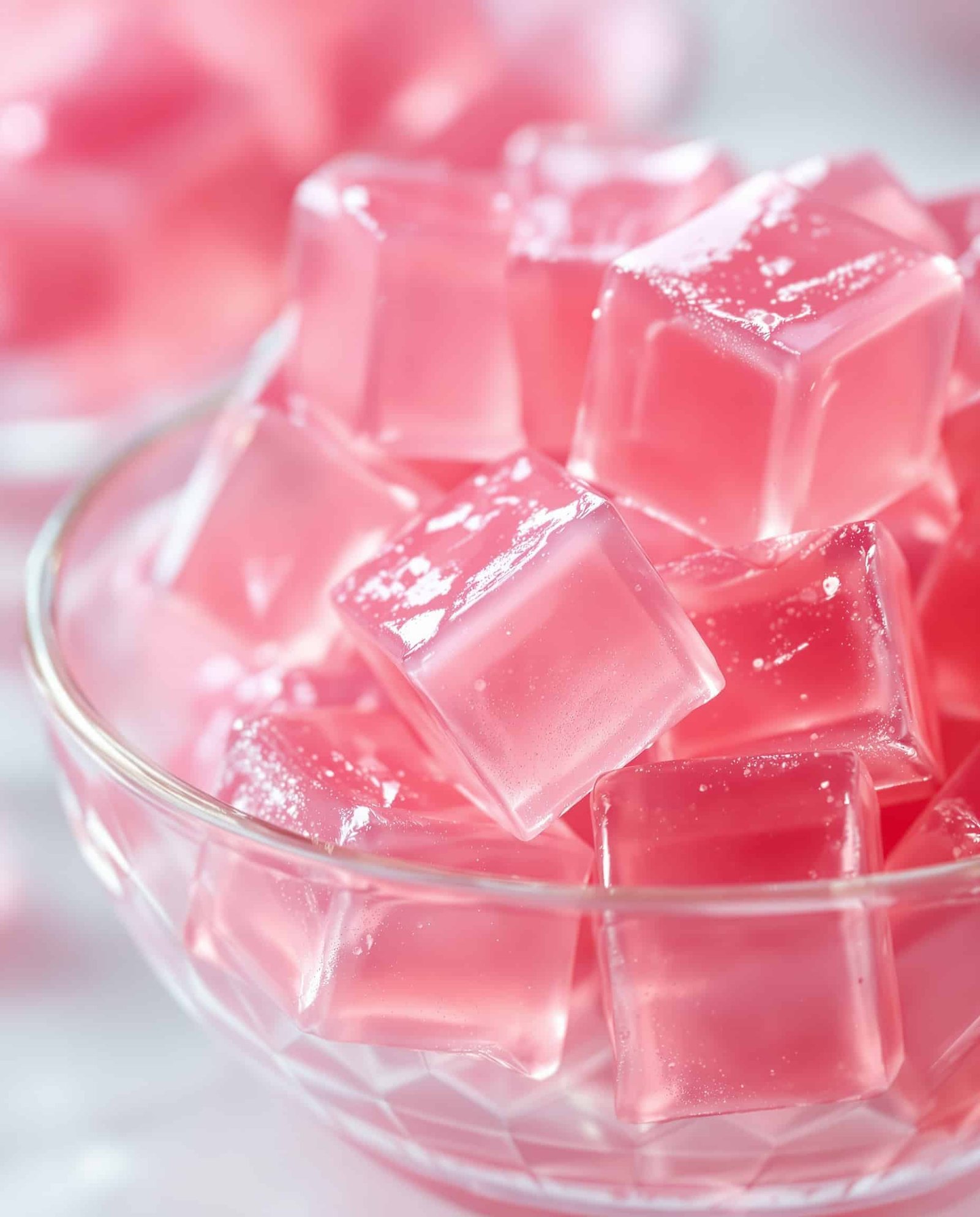 Close-up of rose transparent jiggly bariatric gelatin cubes.