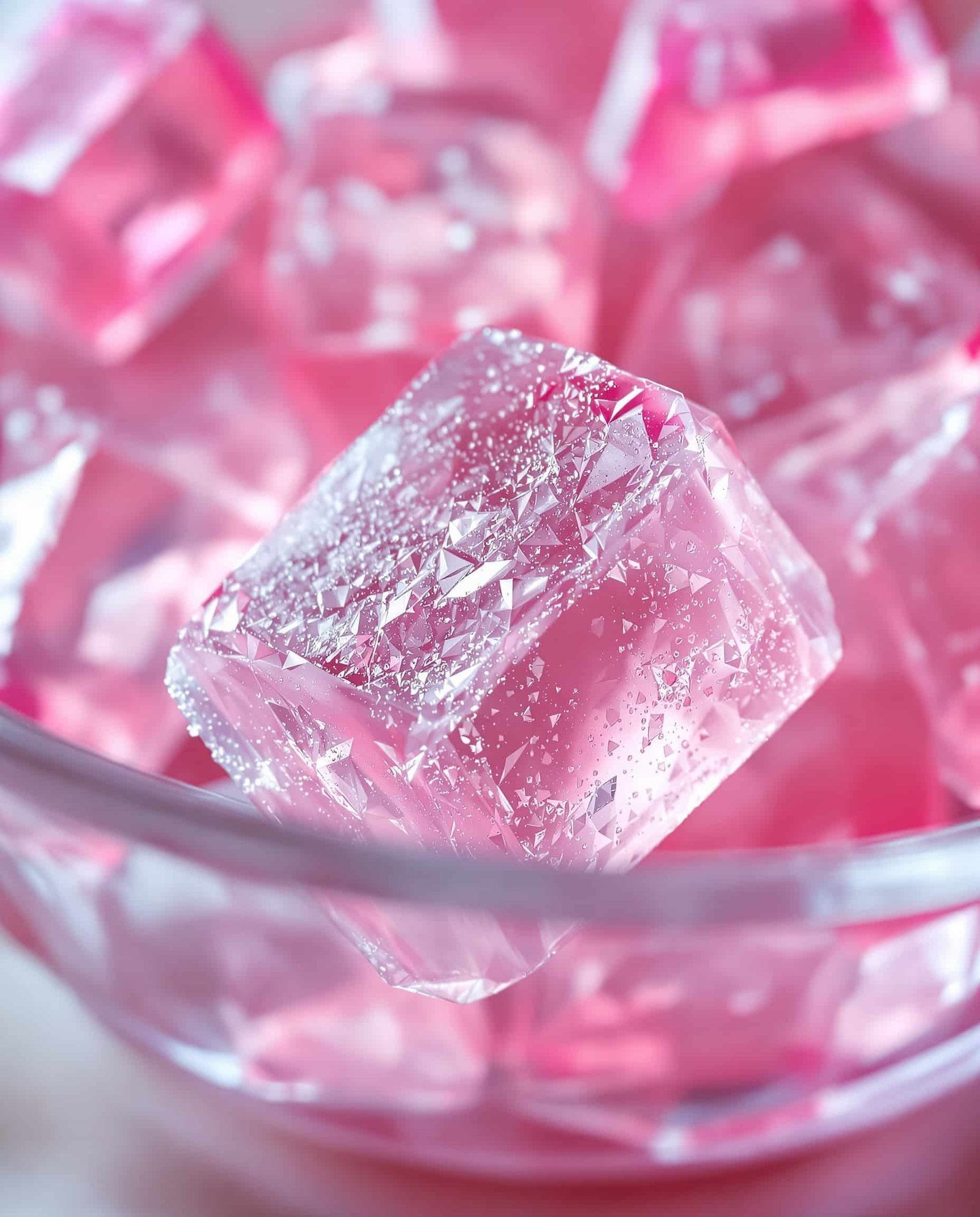 Close-up of rose transparent jiggly bariatric gelatin trick cubes.