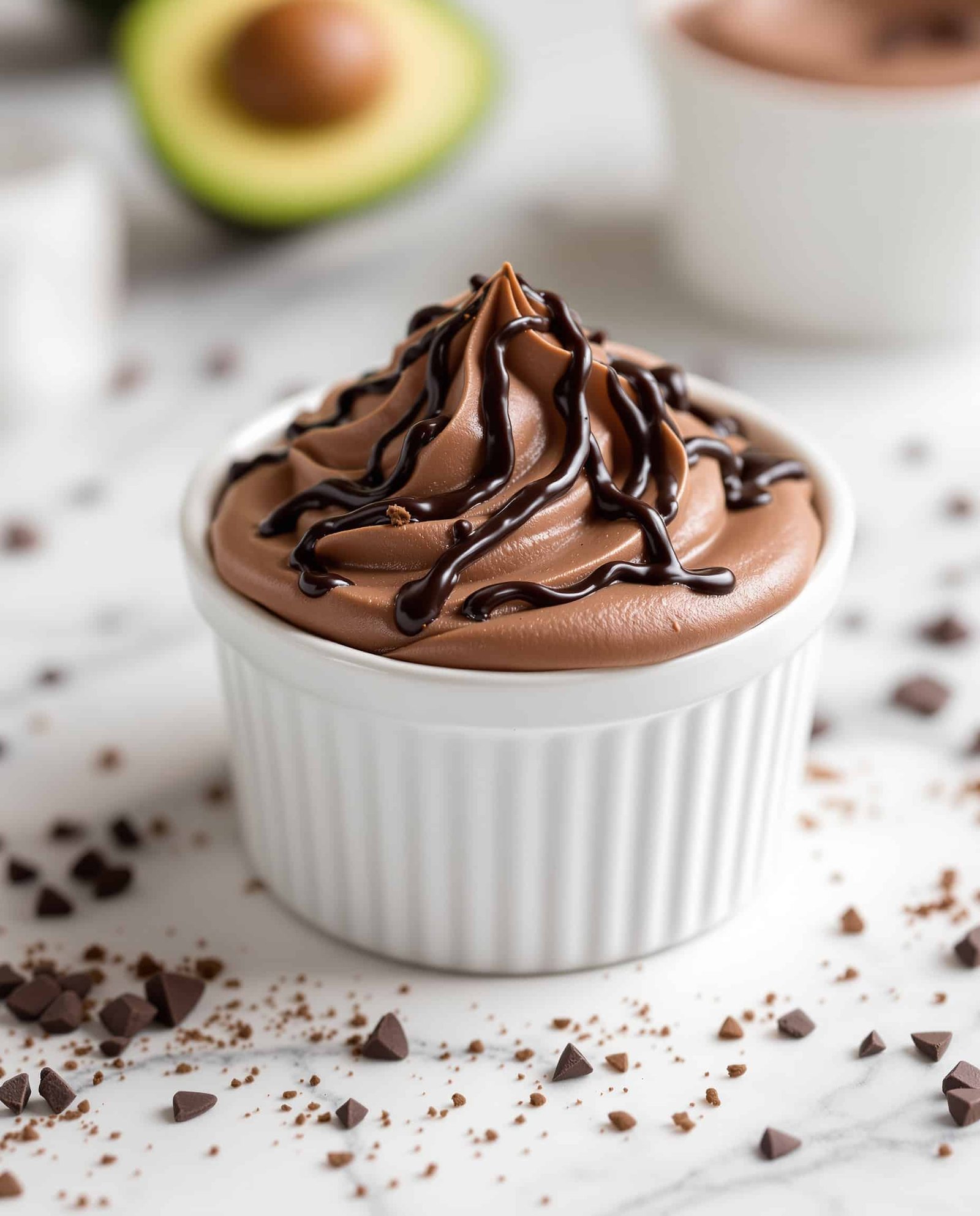 Close-up of creamy brun dark chocolate avocado mousse, a blood sugar friendly dessert.