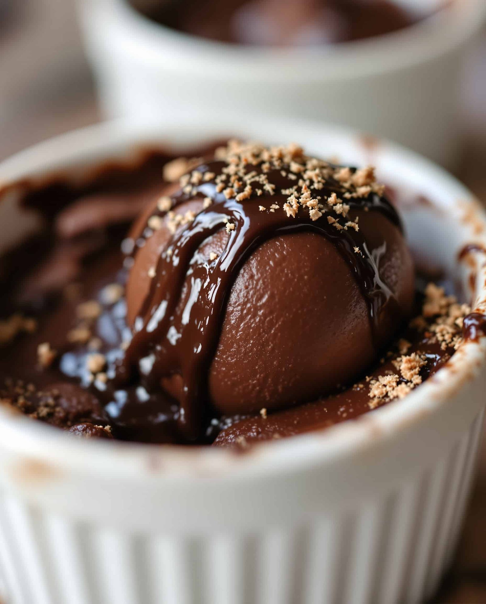 Close-up of a brun colored blood sugar friendly dessert with dark chocolate drizzle.