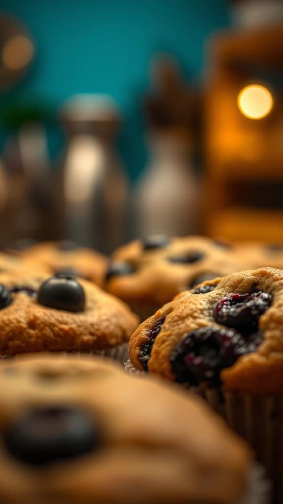Close-up of a single blueberry muffin with a golden crumble top.