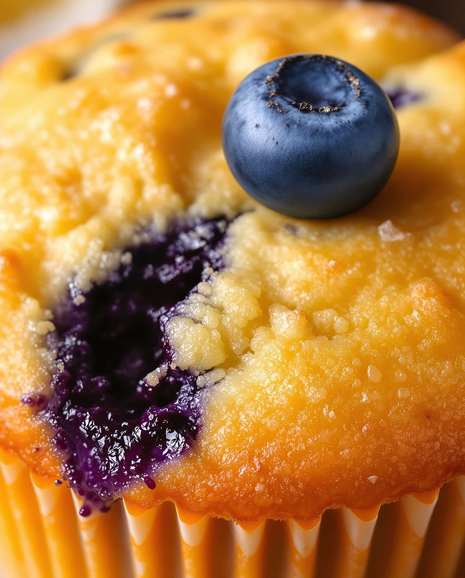 Close-up of a single healthy blueberry muffin.