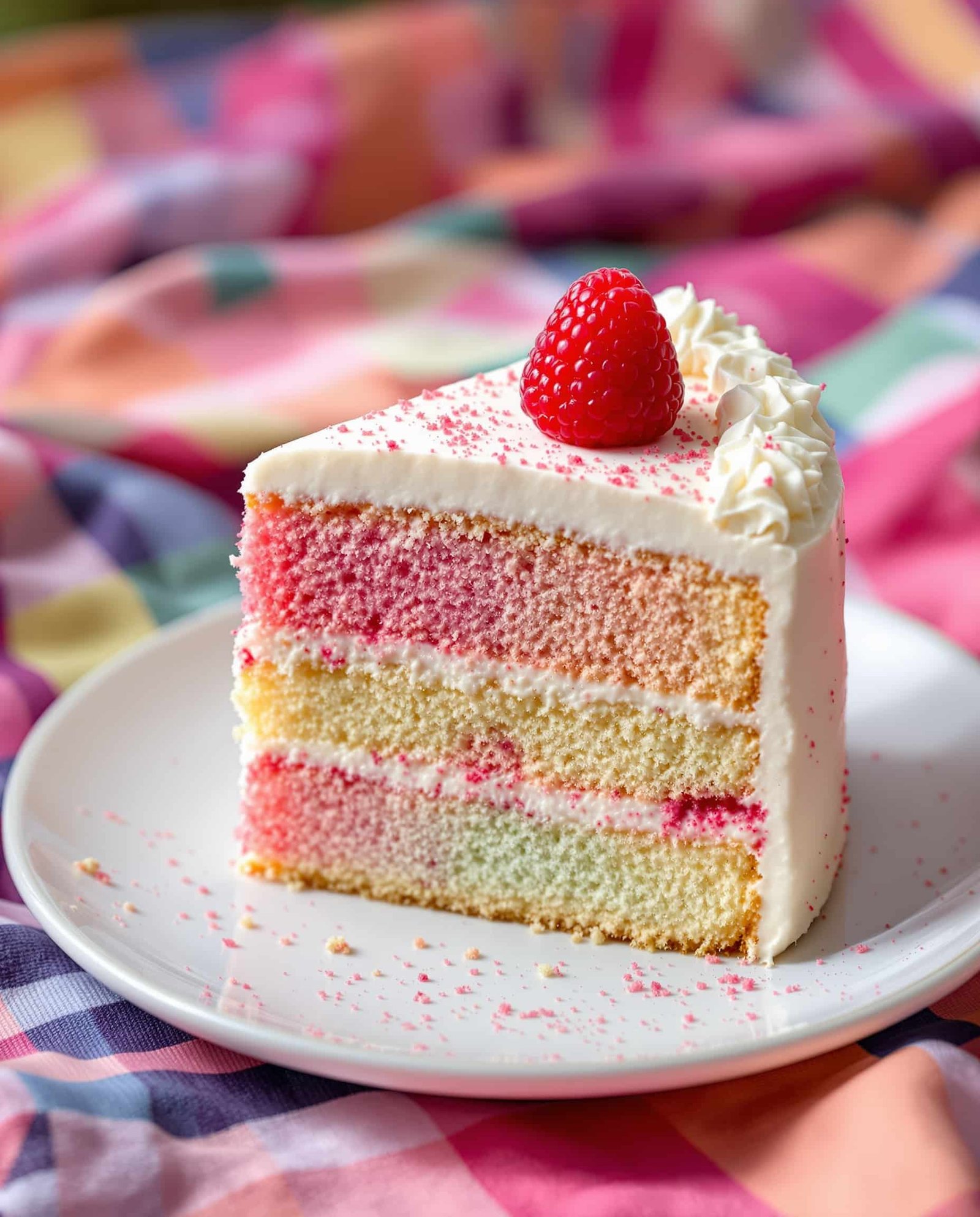 Close-up of a multicolore cake picnic recipe slice with raspberry.