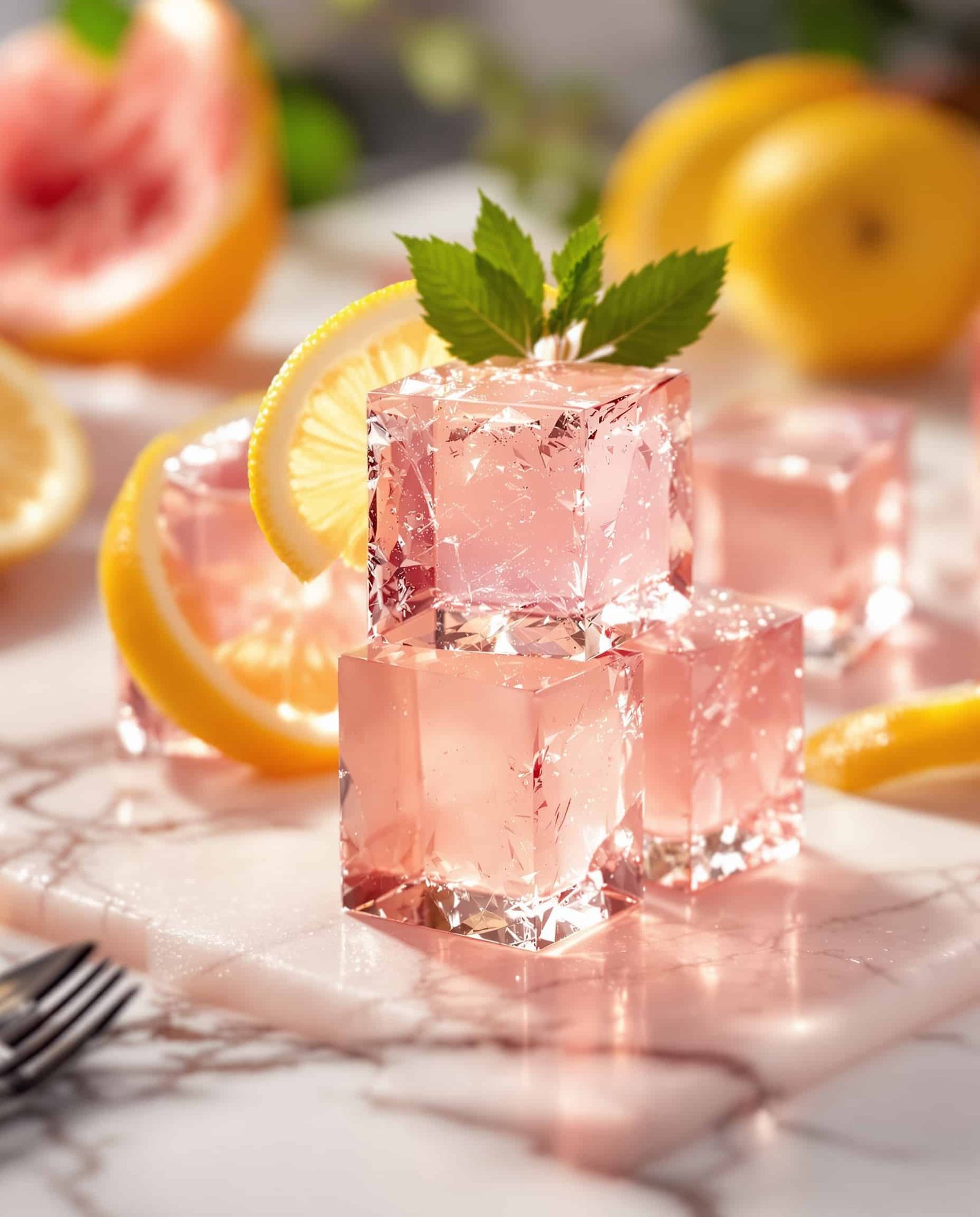 Close-up of rose clair elegant glass gelatin cubes with lemon, healthy snack.