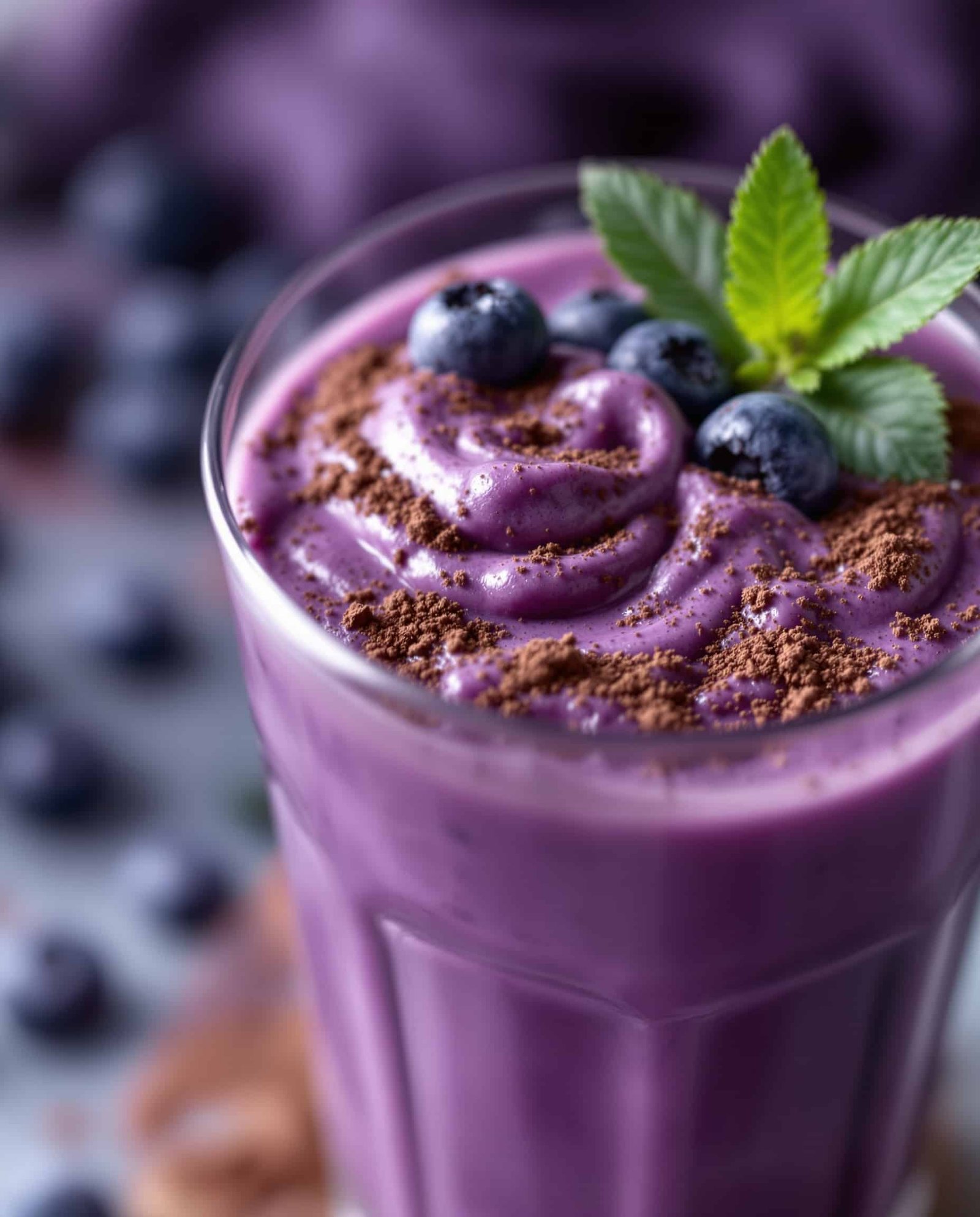 Close-up of deep violet cortisol-lowering smoothie with blueberries.