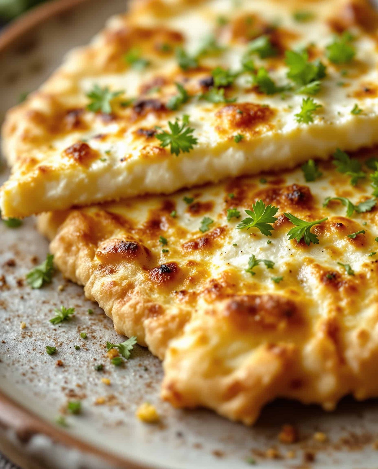 Close-up of crispy, doré cottage cheese flatbread on a rustic plate.