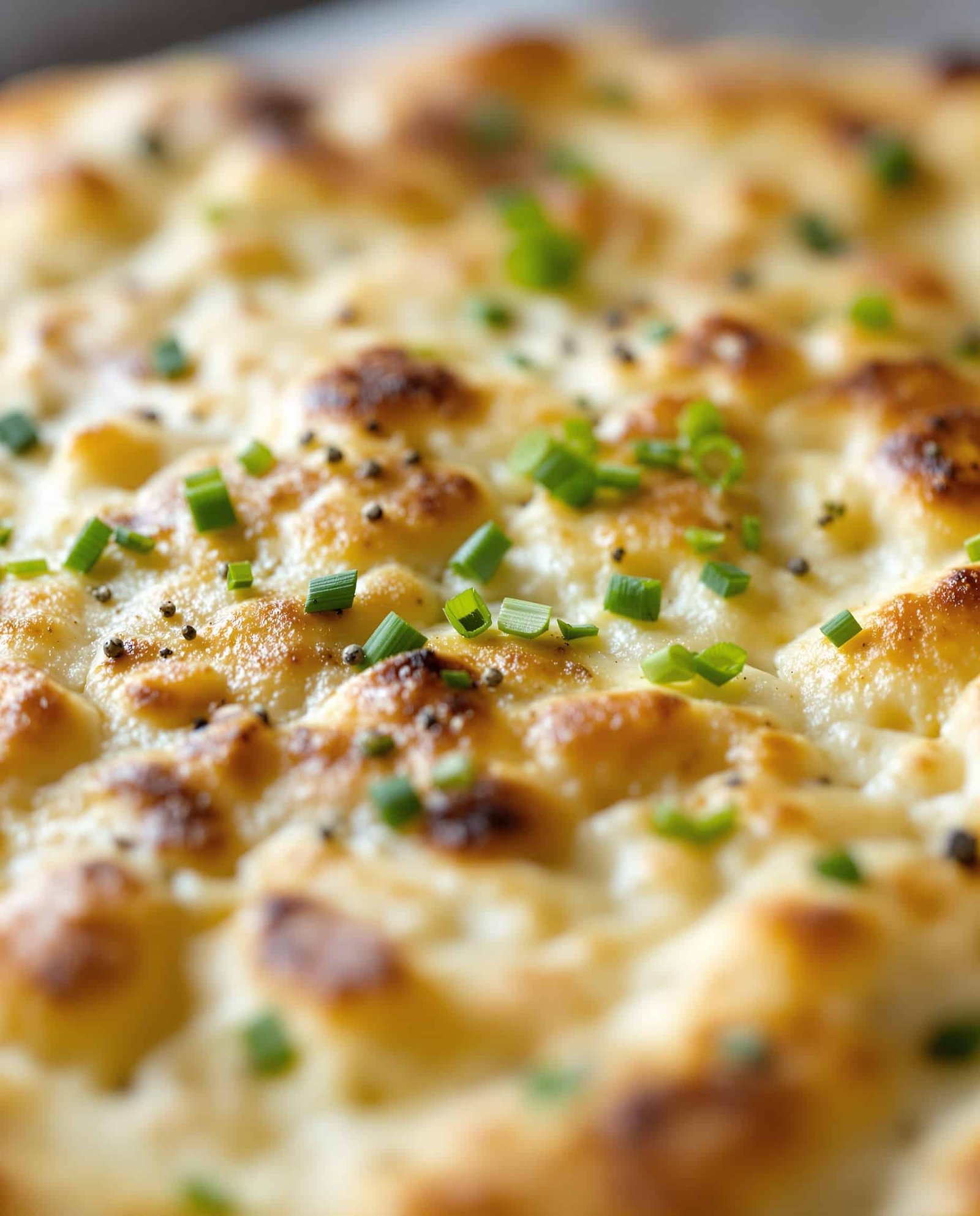 Close-up of cottage cheese flatbread texture with chives and pepper.