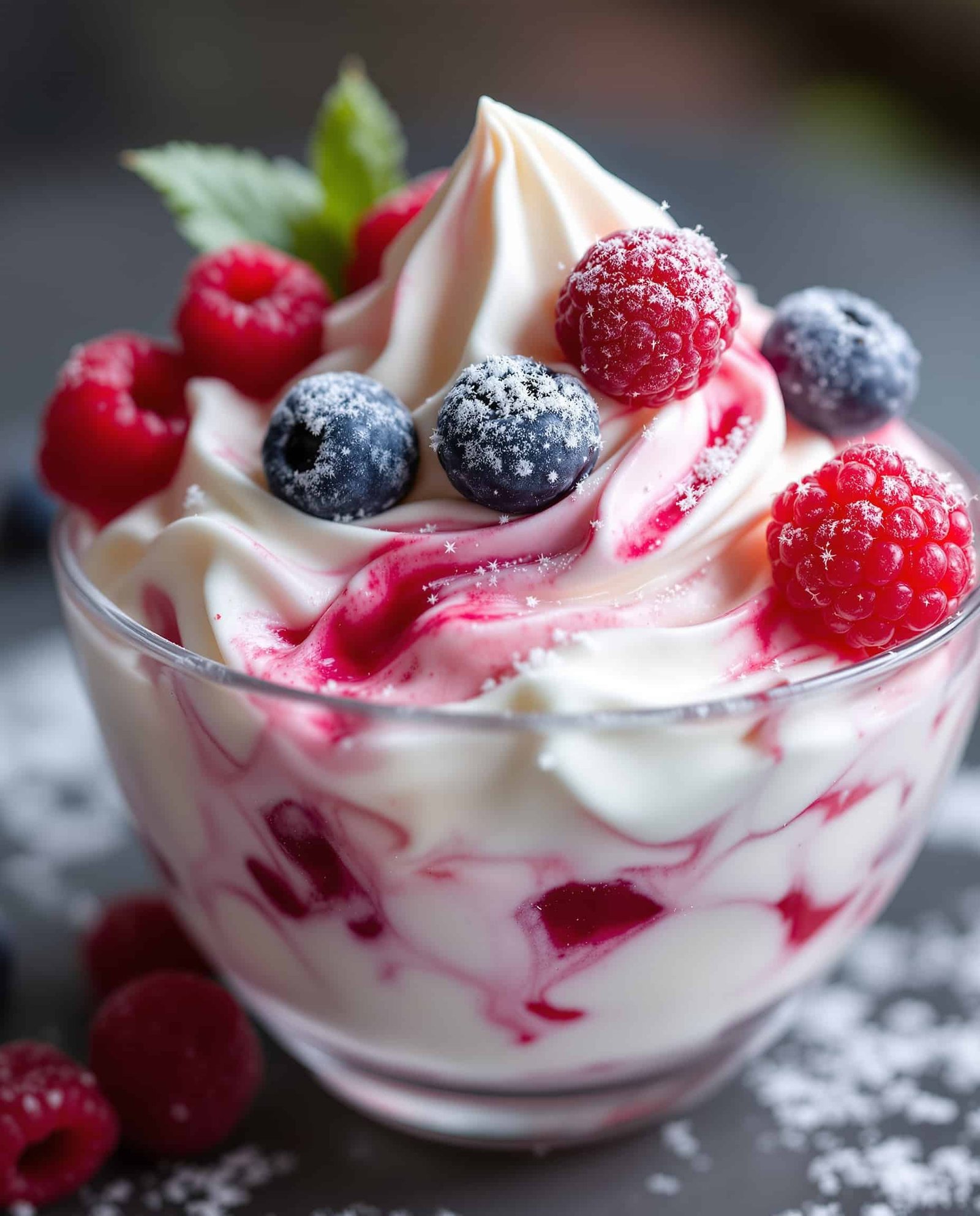 Close-up of blanc crème cottage cheese protein ice cream with berry swirl.
