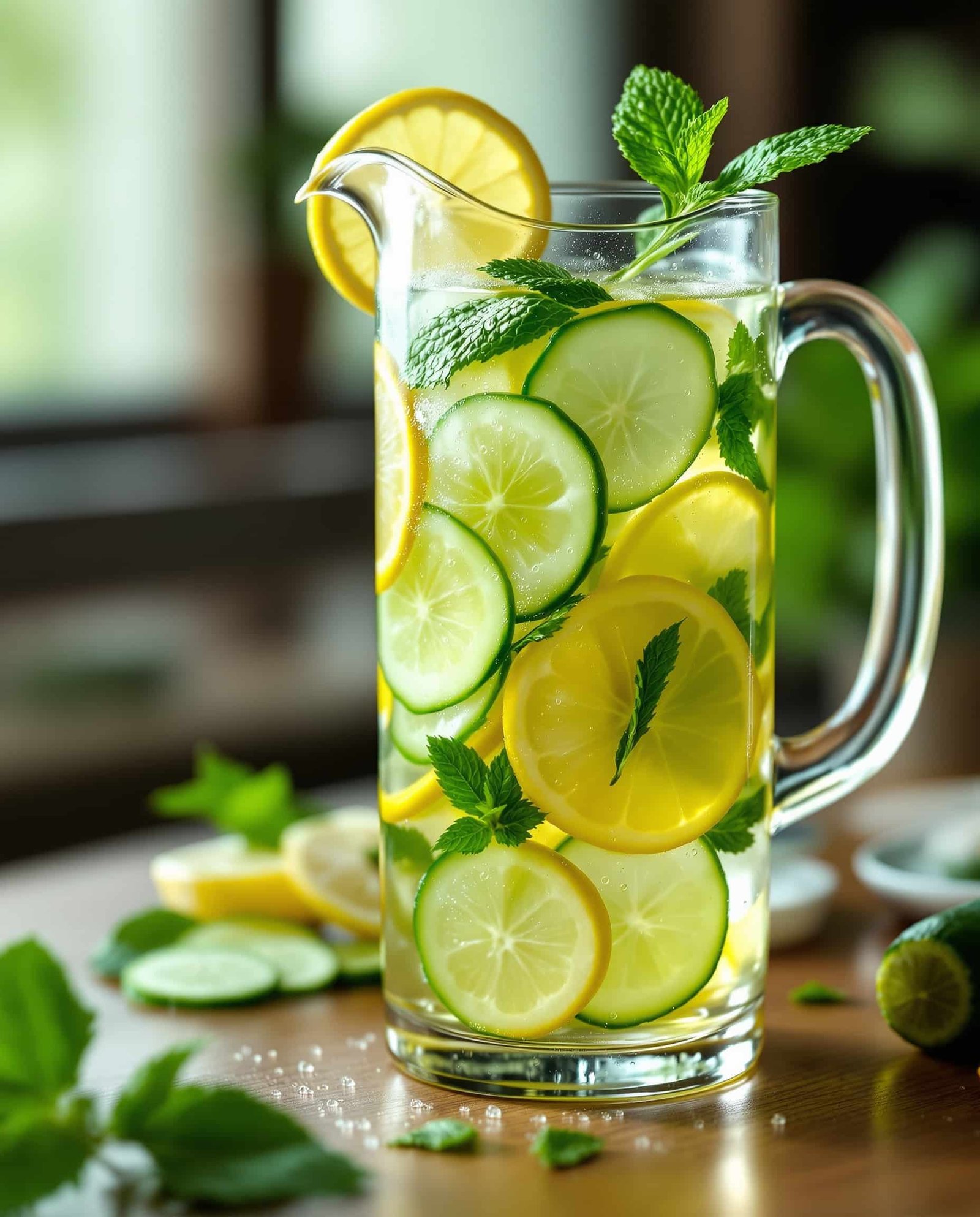 Close-up of vibrant cucumber detox drink with lemon and mint.