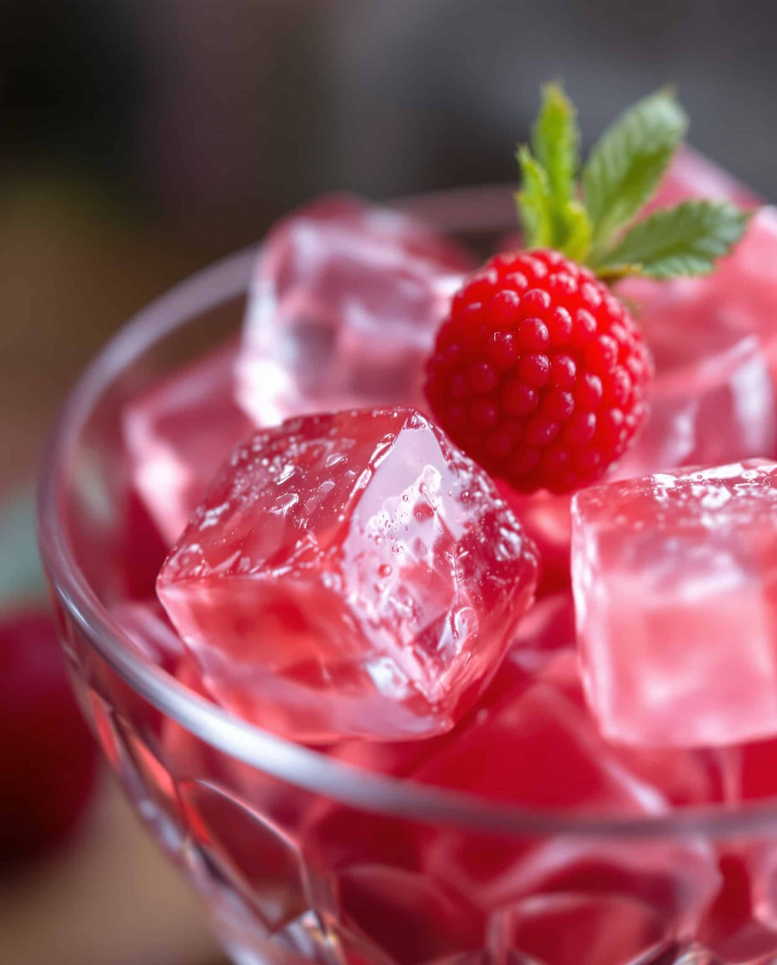 Close-up of rose transparent jiggly gelatin cubes for Dr. Gundry gelatin diet.