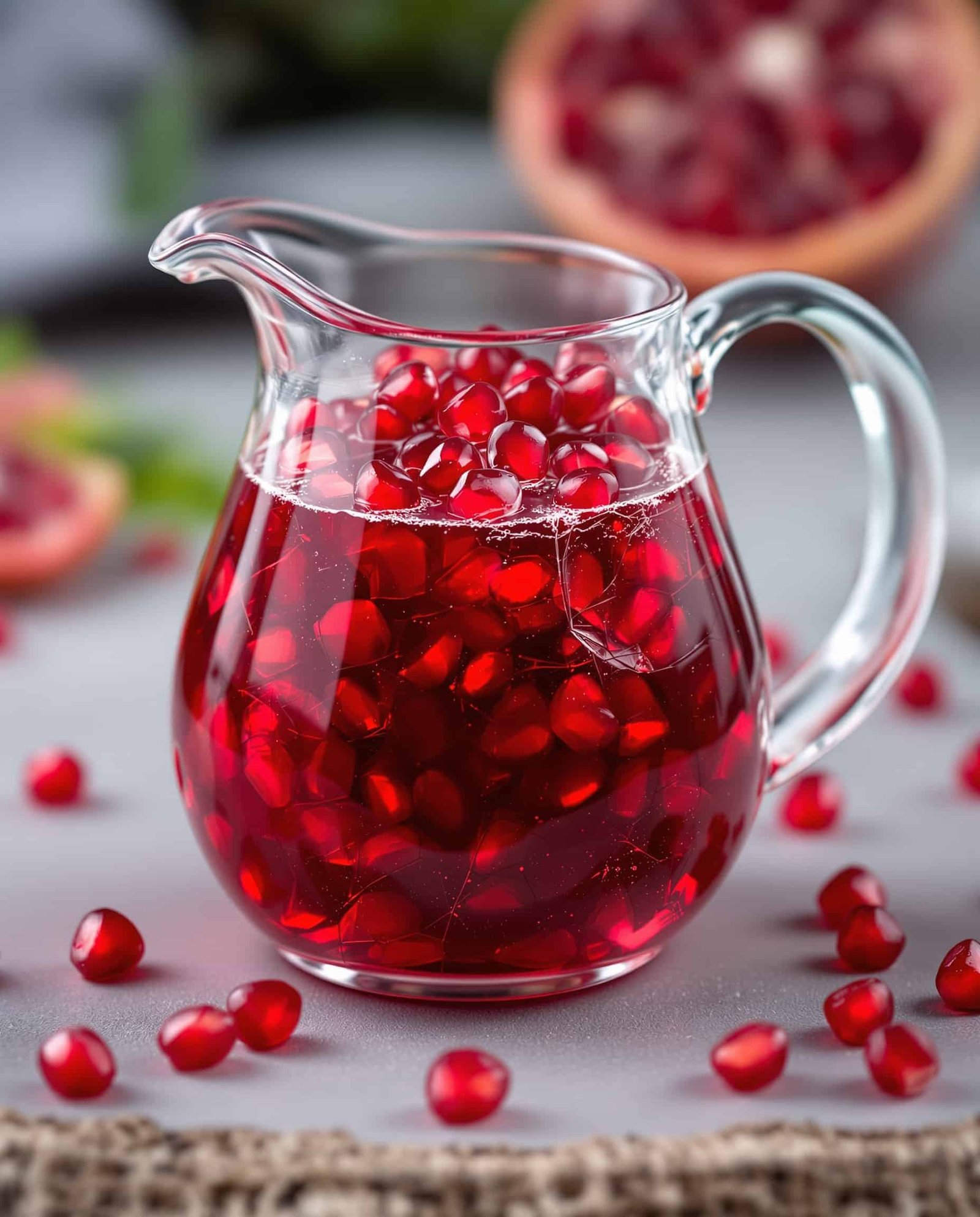 Close-up of jiggly Dr Oz pink gelatin recipe pomegranate with seeds.