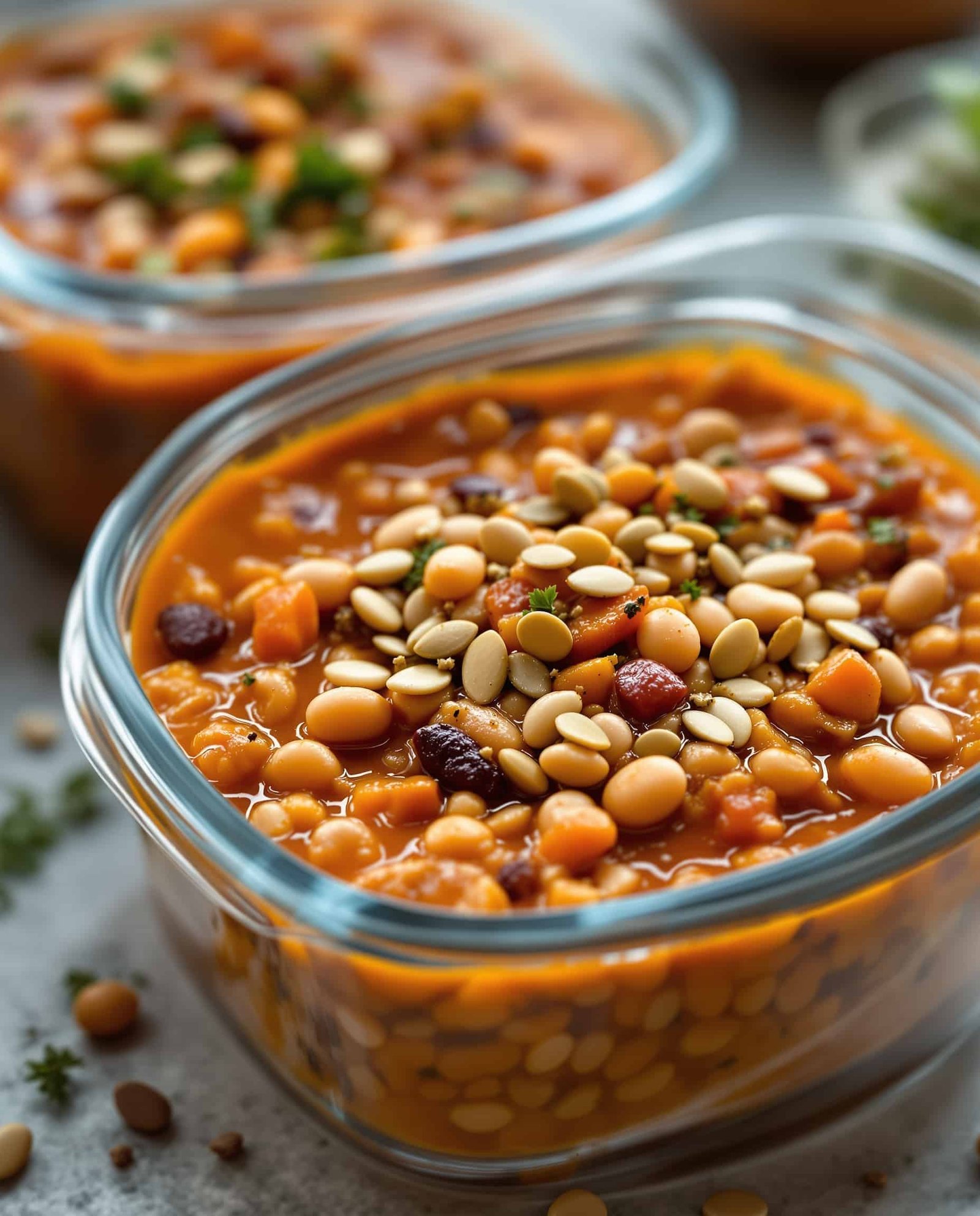Close-up of vert-orange Fibermaxxing Meal Prep showing beans, lentils, seeds.