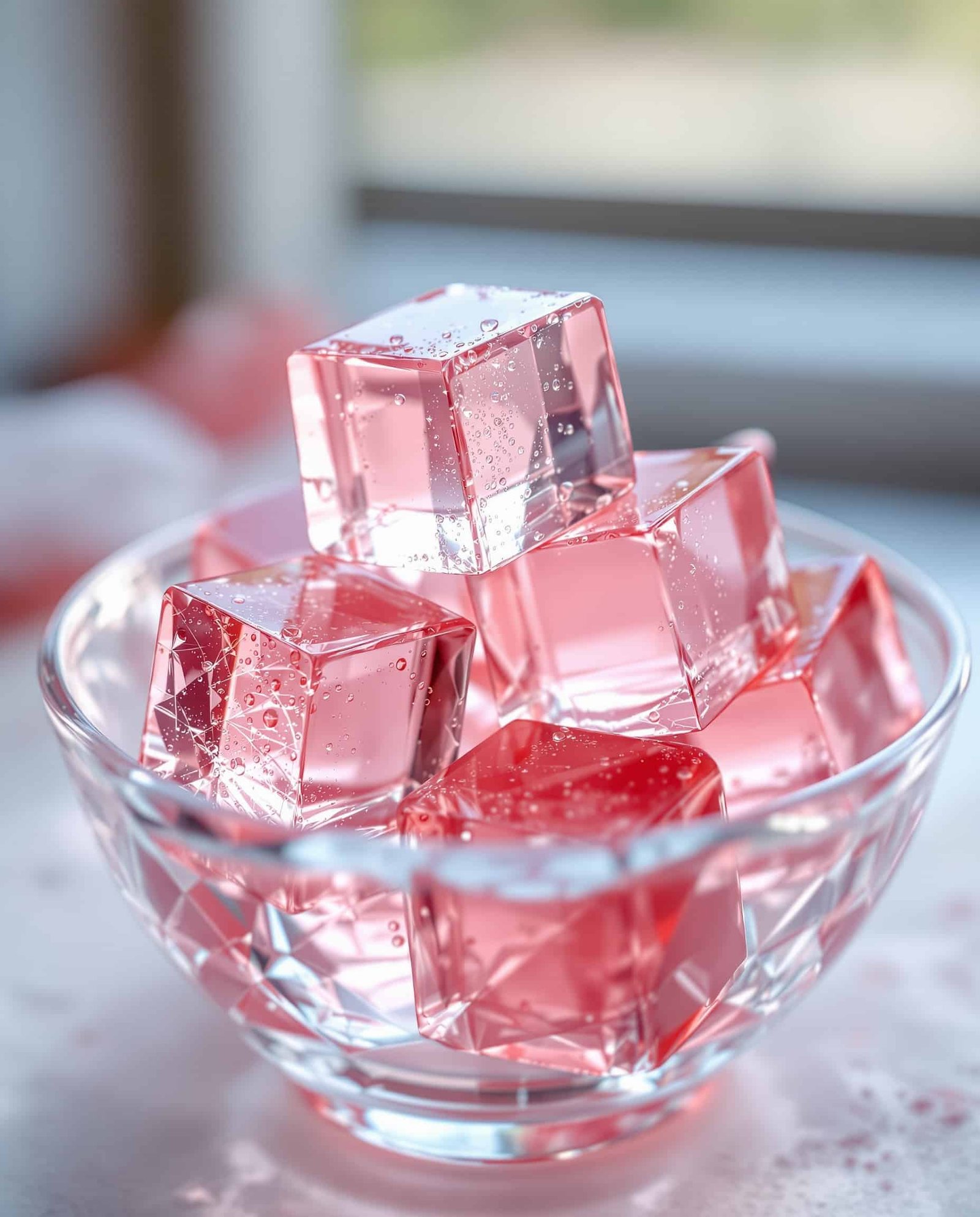 Close-up of rose-transparent gelatin cubes for appetite control.