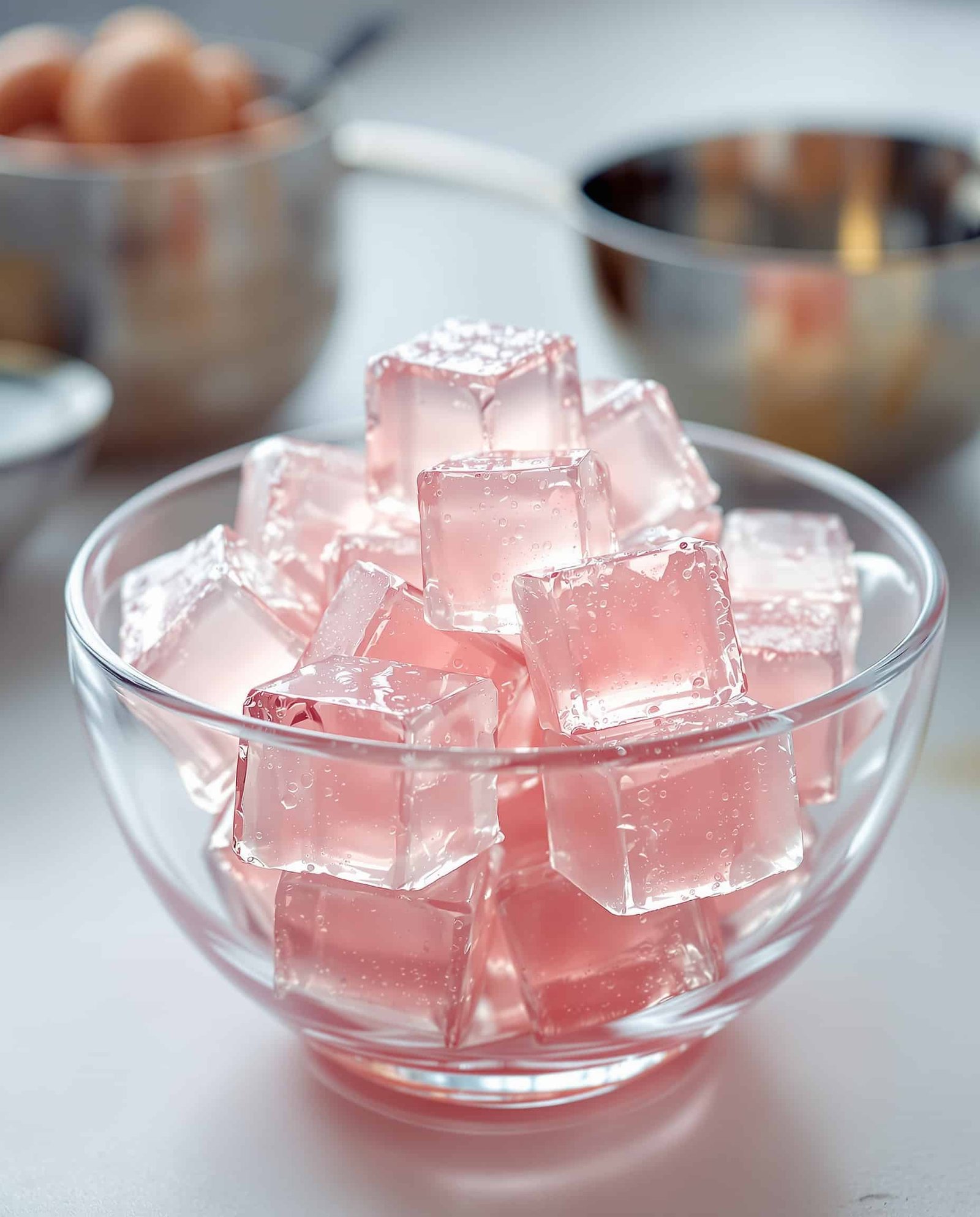 Close-up of firm rose-transparent gelatin cubes for appetite suppression.