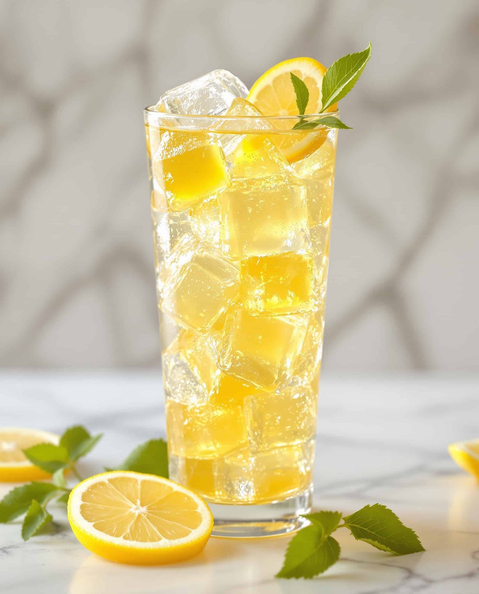 Close-up of jiggly jaune-transparent gelatin lemon water cubes with ice and lemon.