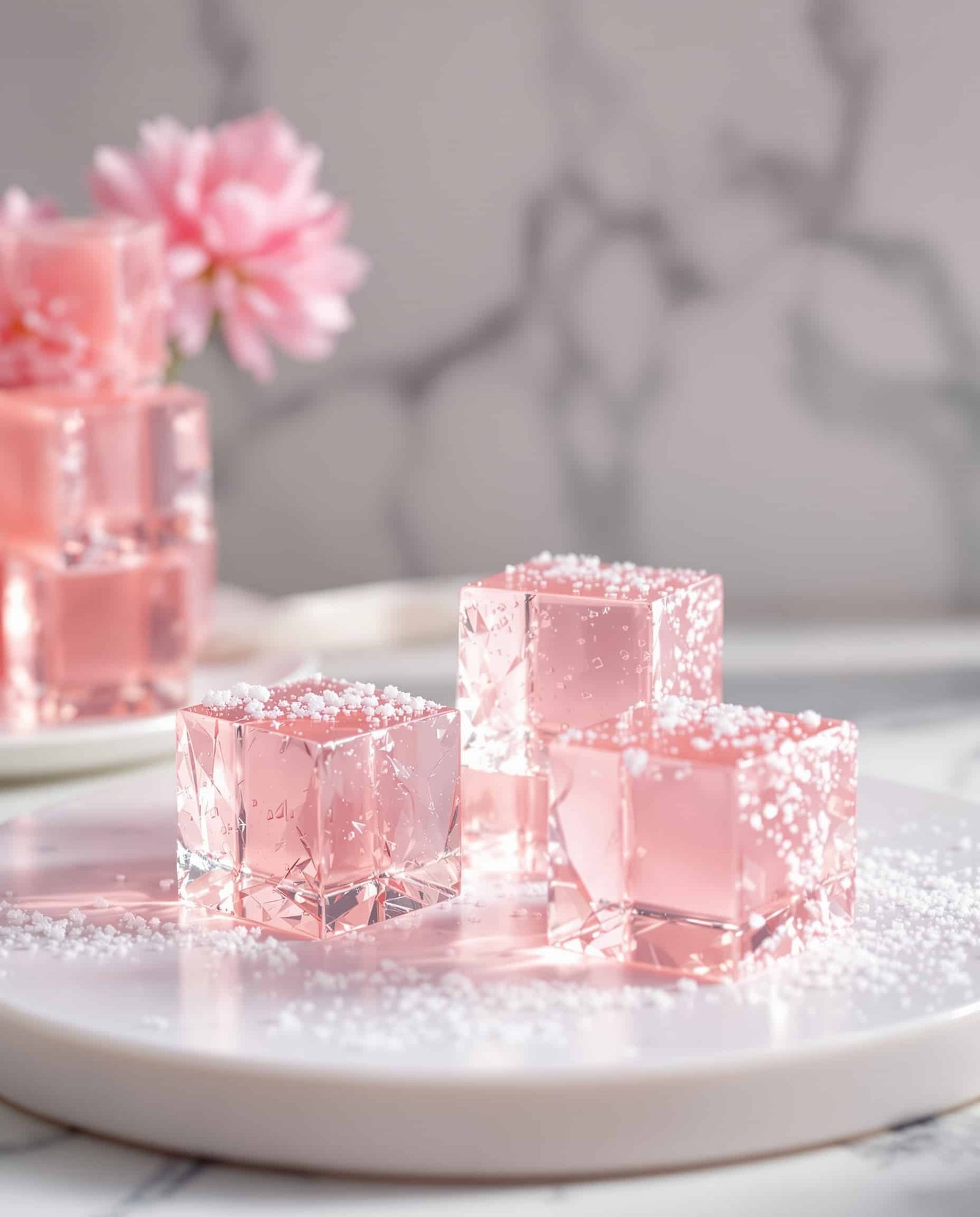 Close-up of translucent rose gelatin cubes, natural Mounjaro recipe.