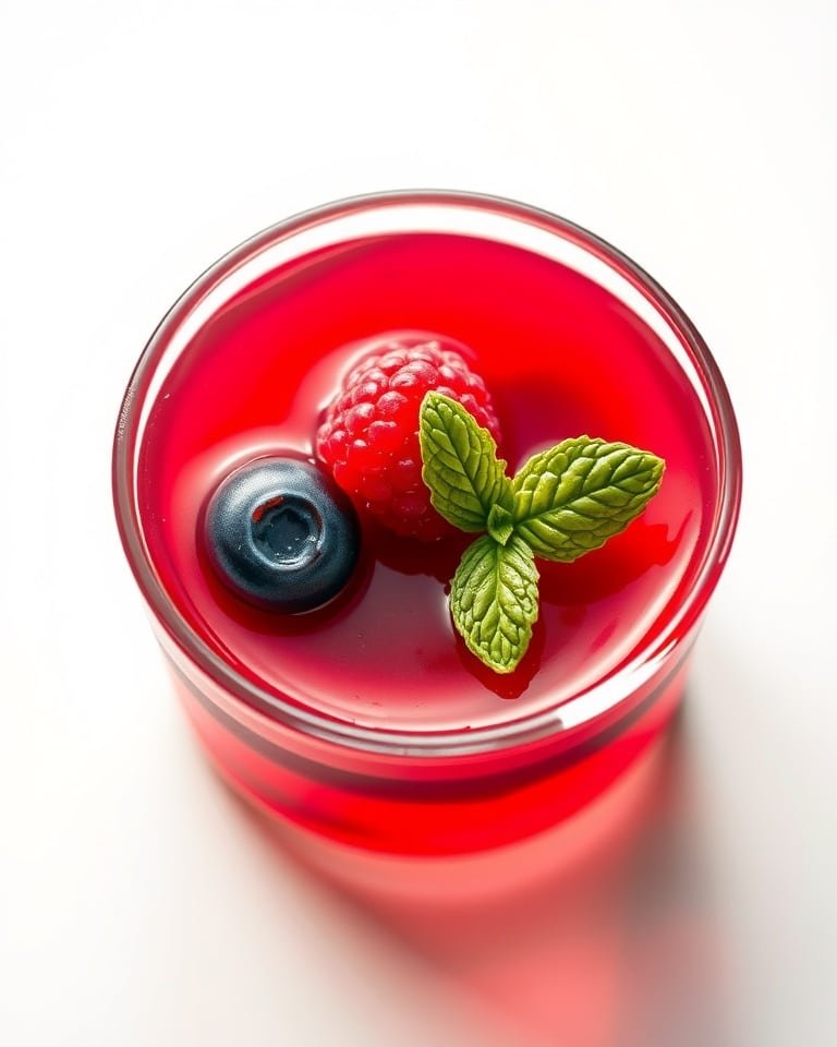 Close-up of a single serving of berry gelatin.