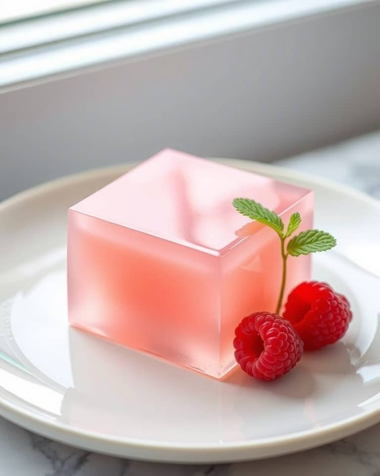 Close-up of a single jiggly rose-pink gelatin trick recipe cube with a raspberry.