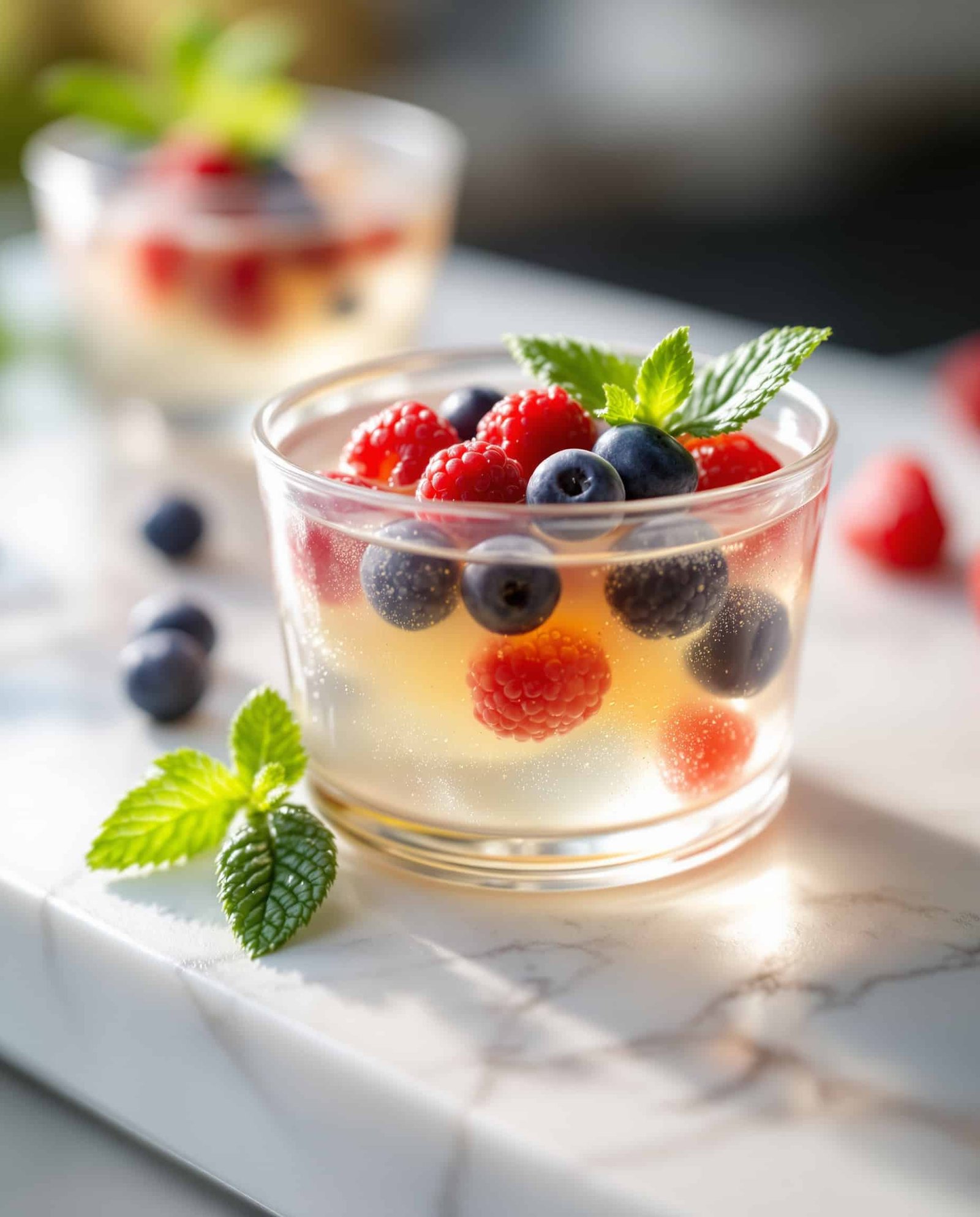 Close-up of a Dr Oz gelatin trick recipe serving with berries.