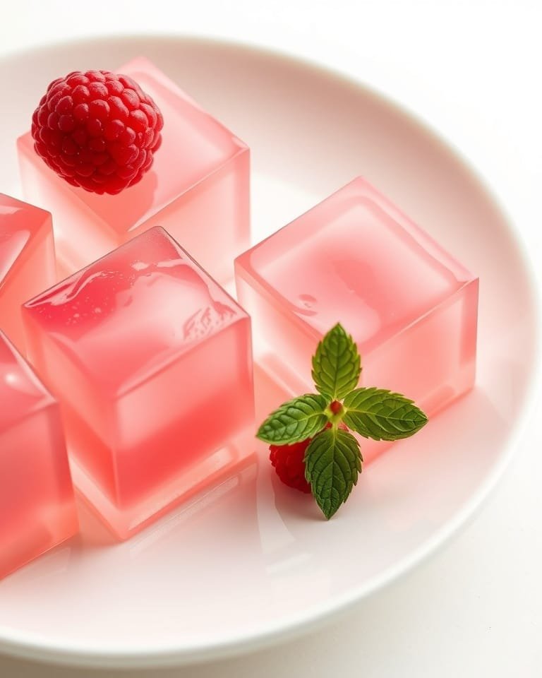 Close-up of transparent rose-pink jiggly gelatin cubes from the gelatin trick recipe.