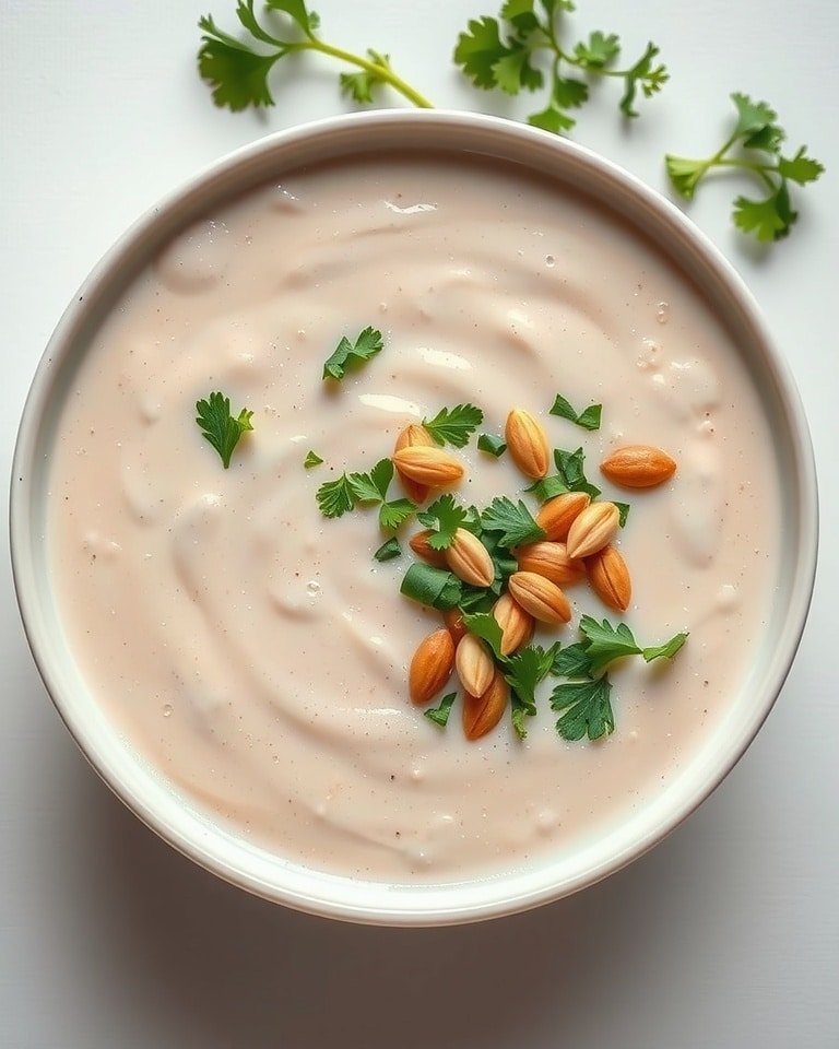 Close-up of blanc GLP-1 friendly soup with parsley and pumpkin seeds